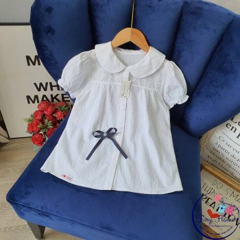 Áo sơ mi ren ngực nơ cài - chất thô cotton - size 6-10 - A8225